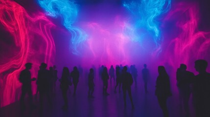 Fototapeta premium Silhouettes of diverse visitors immersed in vibrant blue and pink light at an art installation.