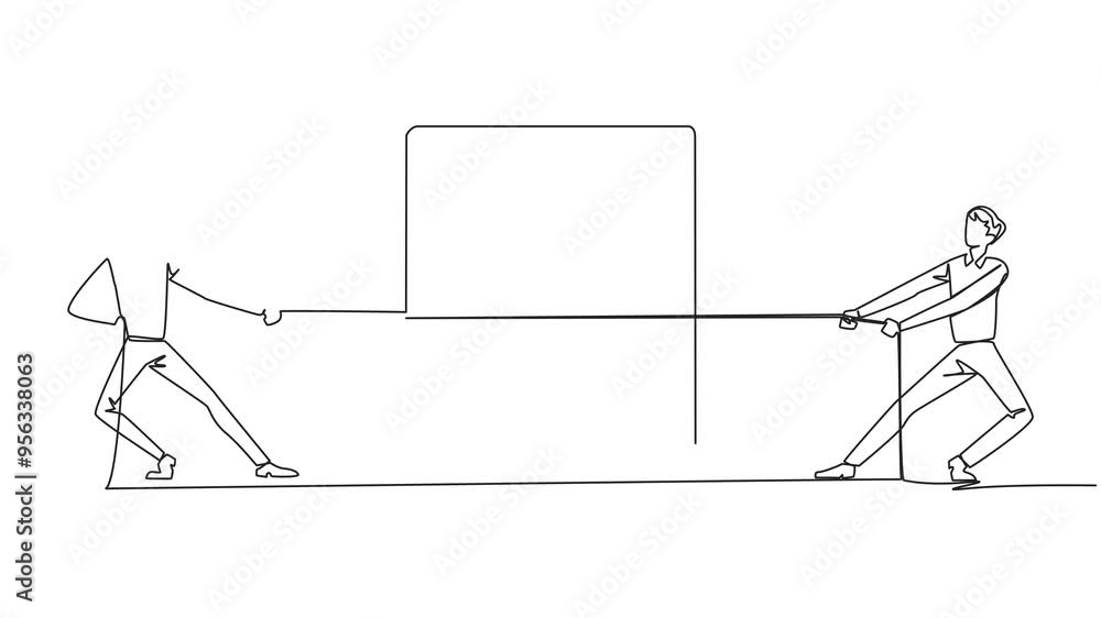 Poster animation of single continuous line drawing two businessmen fighting over a safe deposit box. compet