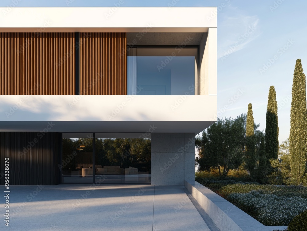 Poster creating, using generative ai, a modern small minimalist cubic house with wooden cladding and concre