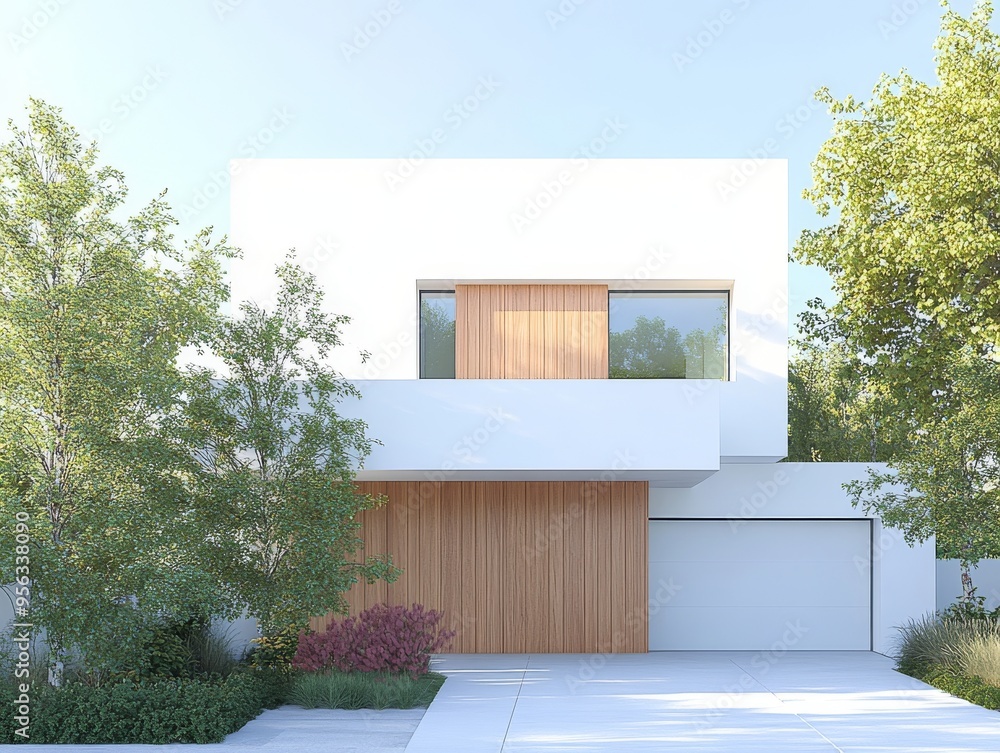 Poster residential architecture exterior with wooden cladding and white walls. created using generative ai.