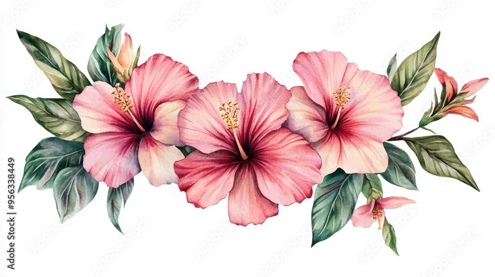 Poster Watercolor pink hibiscus clipart featuring floral illustrations Compositions of hibiscus and leaves Tropical floral wreath and exotic botany design Summer flower arrangement with paradise plants