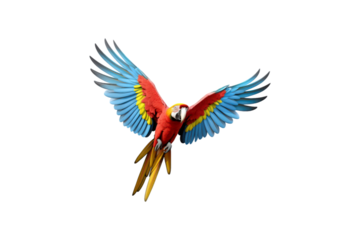 The image features a red scarlet macaw bird, its wings spread out. Suitable for website backgrounds or marketing materials for nature, wildlife, tropical themes, and bird enthusiasts