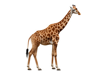 Naklejka premium Giraffe standing tall with distinctive spotted pattern, isolated on a transparent PNG background for design projects.