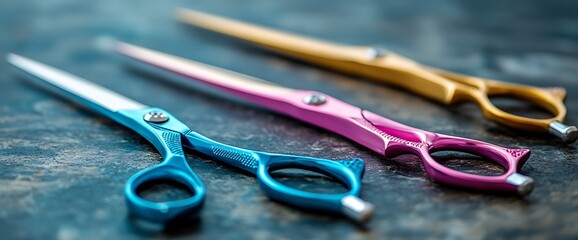 Three professional barber shears with colorful handles on a dark surface.