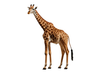 Fototapeta premium Giraffe standing tall with distinctive spotted pattern, isolated on a transparent PNG background for design projects.