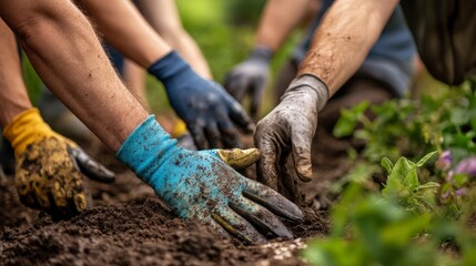 Close-up of hands planting trees for welcome Labor Day, volunteer community, environmental focus.
