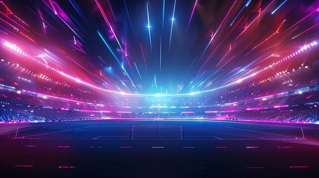 Dynamic lighting and colorful effects create an electrifying atmosphere in a modern sports stadium.