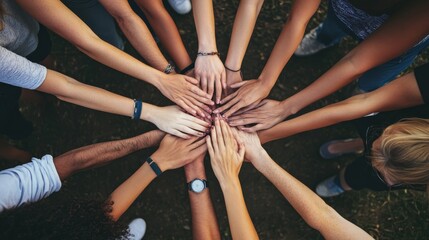 Close-up of workers join hand together showing unity and teamwork, Labor Day community concept.