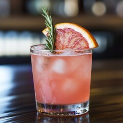 A refreshing pink cocktail with ice, a blood orange slice, and a sprig of rosemary.