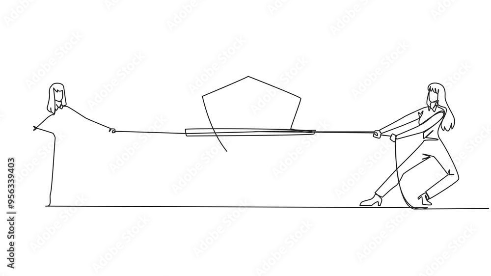 Poster animation of single continuous line drawing two businesswomen fighting over shield. compete to prote