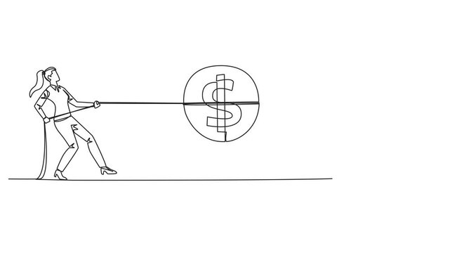 Animated self drawing of single one line drawing two businesswomen fighting over a coin with dollar symbol. Compete for slightest profit. Tight competition in the business world. Full length animation