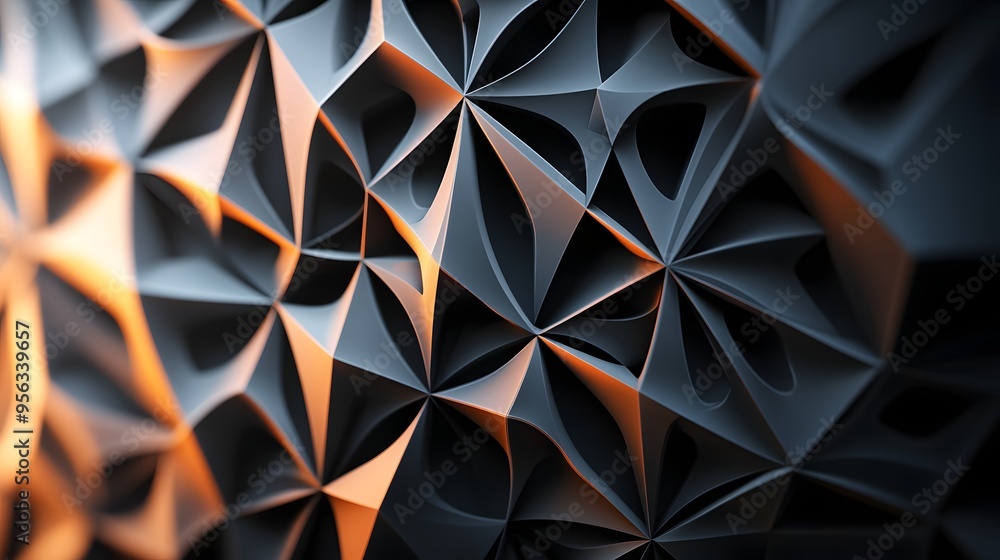Poster 7. interlocking triangular shapes with a gradient of shades and intricate cut details