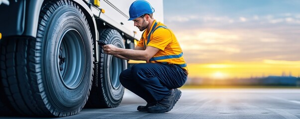 A mechanic inspects the tires of a large truck at sunset, ensuring safe and reliable performance on the road.