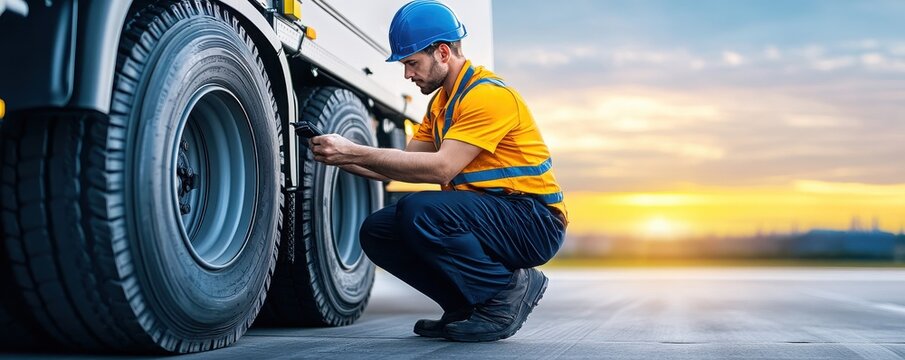 A mechanic inspects the tires of a large truck at sunset, ensuring safe and reliable performance on the road.