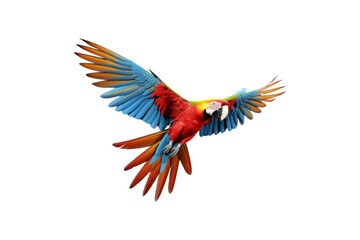 The image features a red scarlet macaw bird, its wings spread out. Suitable for website backgrounds or marketing materials for nature, wildlife, tropical themes, and bird enthusiasts