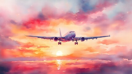 Obraz premium Watercolor depiction of a plane gliding through tranquil white clouds, as a colorful rainbow gently curves in the background, creating a peaceful atmosphere