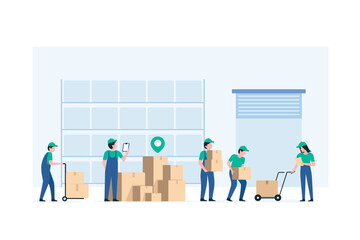 Workers in High Volume Warehouse Environment, Efficient Warehouse Operations, Industrial Logistics, High-Demand Fulfillment Center, Warehouse Labor, Inventory Management. illustration