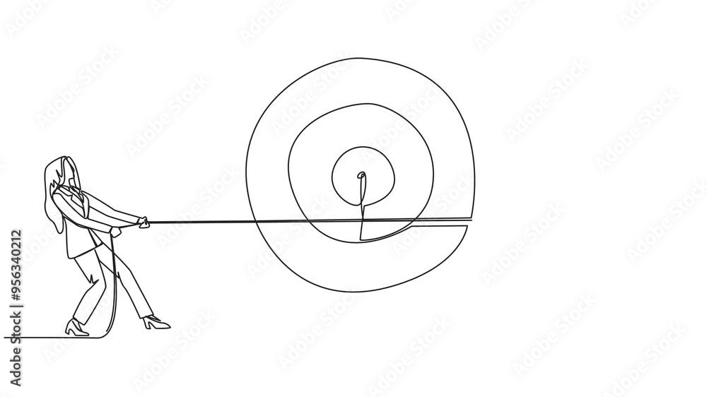 Poster self drawing animation of single continuous line drawing two businesswomen fighting over an arrow ta