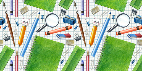 Seamless pattern with stationery, pencil, brush, notebook, pen, eraser, magnifying glass. Hand drawn watercolor objects on checkered paper background. Education Back to School. For wrapping, fabric