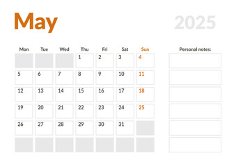 Monthly page Calendar Planner Template of May 2025. Vector layout of calendar with week start Monday for Scheduling. Page for size A4 or 21x29.7 cm
