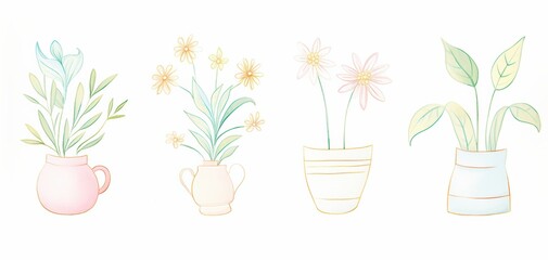 A collection of beautiful pastel flower pots with various plants, perfect for adding a touch of nature to any decor.