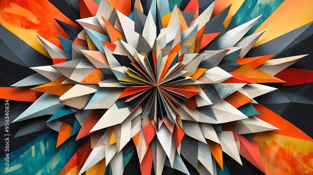 Poster 9. a burst of geometric shards radiating from a central point with intricate paper textures