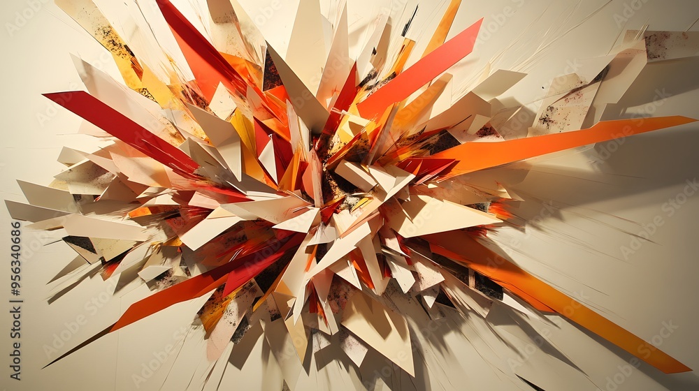 Aufkleber 9. a burst of geometric shards radiating from a central point with intricate paper textures