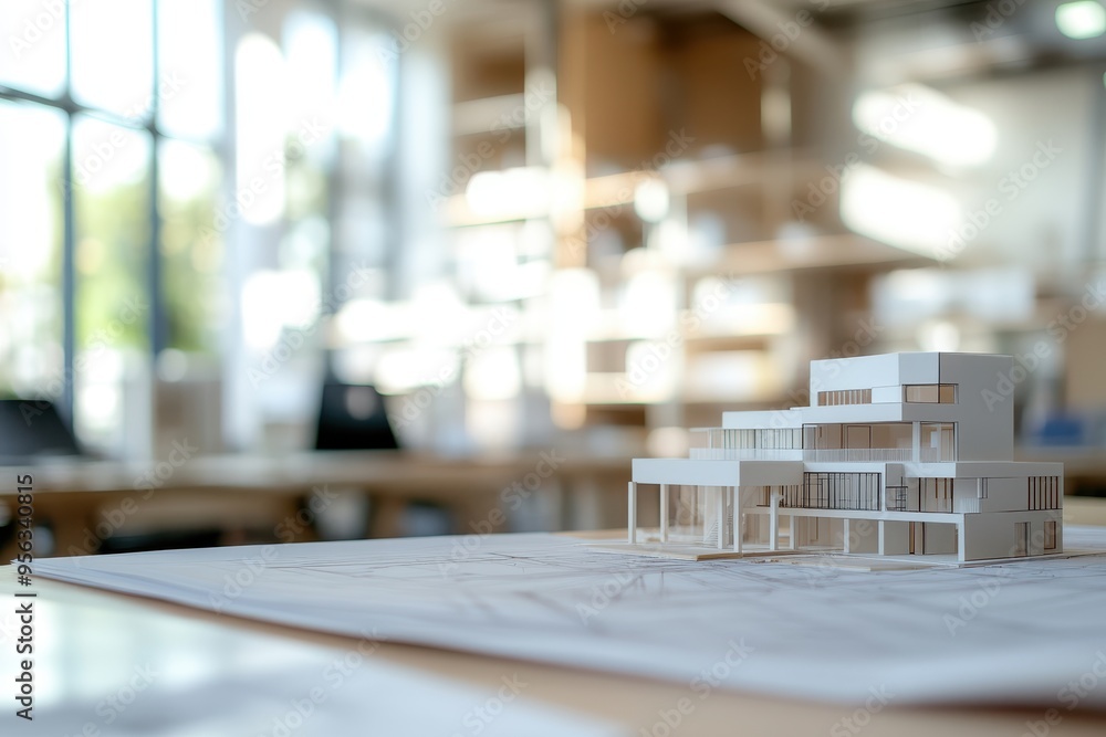 Poster a detailed architectural model displayed on a table in a bright workspace.