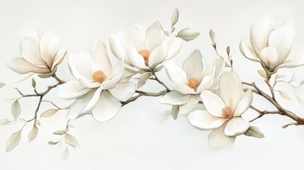 White magnolia flowers arranged on a plain background watercolor botanical design Exquisite hand drawn artwork
