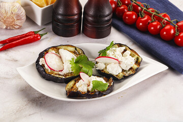 Grilled eggplant with cheese and radish