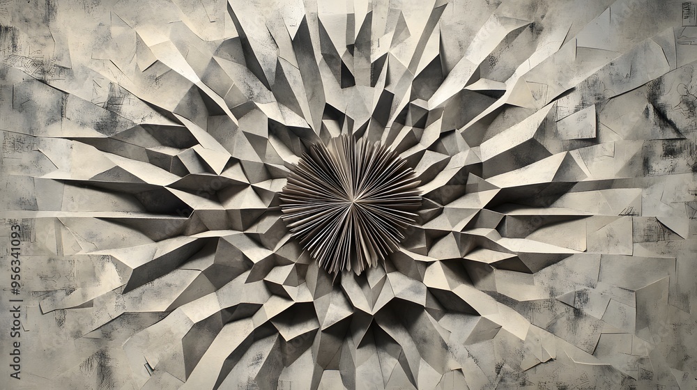 Poster 9. a burst of geometric shards radiating from a central point with intricate paper textures