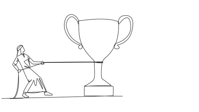 Animated self drawing of single one line drawing two Arabian businessmen fighting for the trophy. Fighting against the hypocritical coworkers. Want to control everything. Greedy. Full length animation