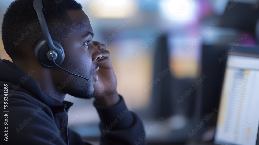 Poster closeup image of a focused call center employee wearing a headset and using a computer and telephone