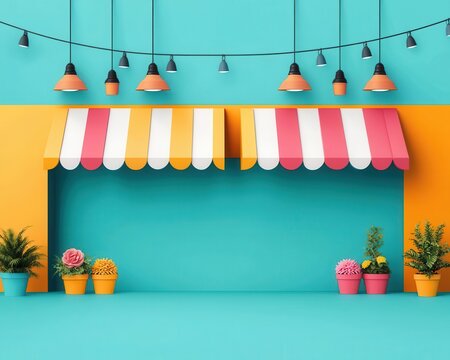 A retro marketplace with colorful sale banners, retro, illustration, vibrant and bold colors - Powered by Adobe