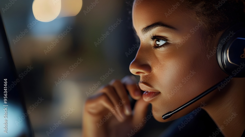 Poster closeup portrait of a friendly and professional looking call center operator wearing a headset smili