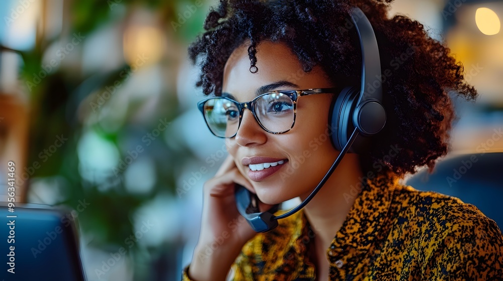 Poster closeup of a professional call center operator wearing a headset assisting a customer over the telep
