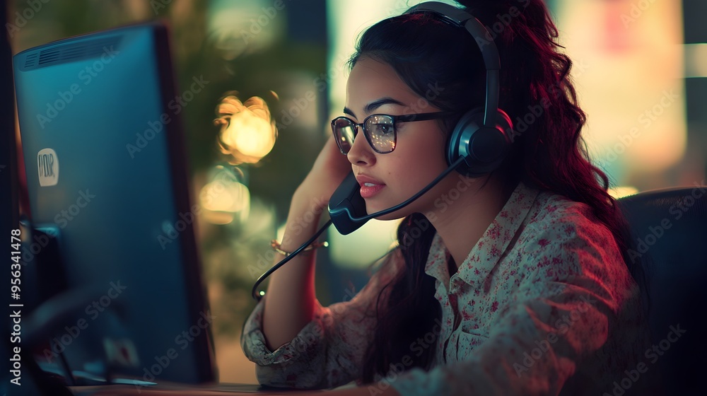 Poster closeup view of a call center operator wearing a headset and providing customer assistance and suppo