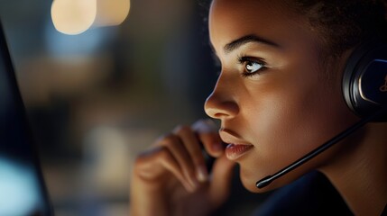 Closeup portrait of a friendly and professional looking call center operator wearing a headset smiling and assisting a customer over the phone in an office setting
