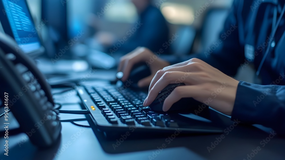 Poster close up view of a call center agent typing intently on a keyboard during an active phone conversati