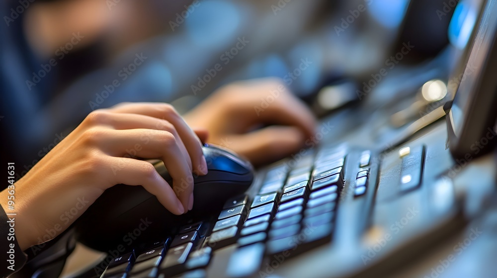 Poster closeup view of a call center agent typing on a computer keyboard while engaged in a phone conversat