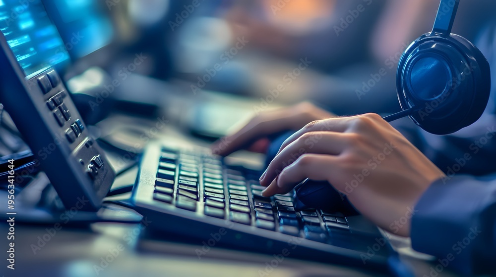 Poster close up shot of a call center agent diligently typing on a computer keyboard while engaged in a pho