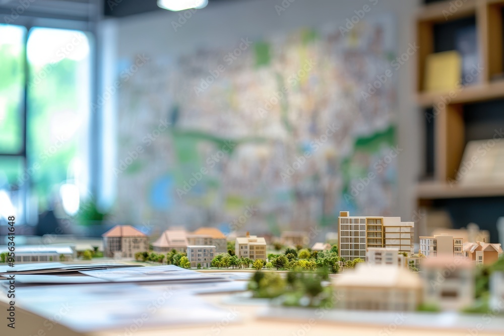 Poster a detailed architectural model layout with a map in the background.