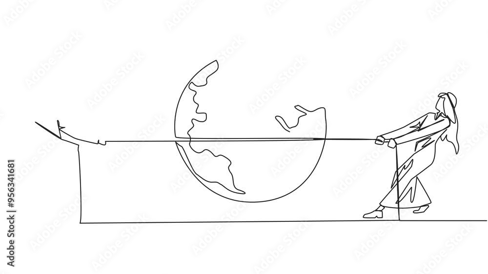 Poster animated self drawing of single continuous line drawing two arabian businessmen fighting over globe.