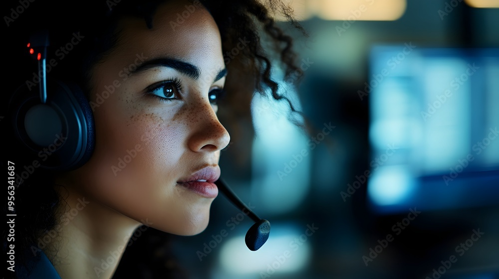 Poster closeup of a focused call center employee listening intently on a customer service call providing at