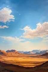 Naklejka premium Oil painting depicting a panoramic view of a vast desert landscape during sunset showcasing a blue sky with light clouds