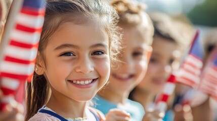 Close-up of smiling children waving flags in Labor Day parade, Labor Day celebration concept.