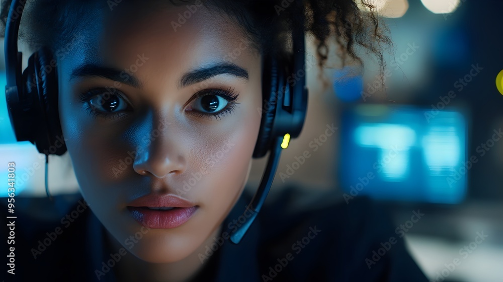 Poster closeup portrait of a focused customer service representative wearing a headset and working in a cal