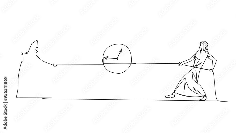 Poster animation of single one line drawing two arabian businessmen fighting over an alarm clock. compete t