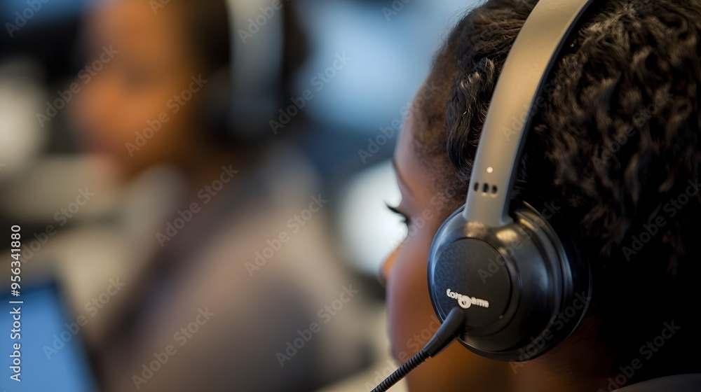 Poster closeup of a customer service agent or call center operator helping a client with an inquiry or prob