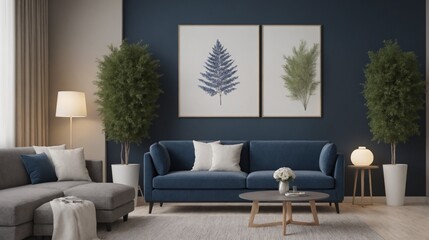 Beautiful blue wall living area with sofa and photo frames on the wall, other accessories interior design image template. Living room interior image.